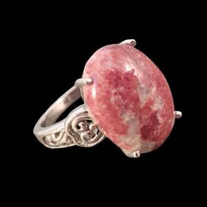 Sterling BBJ Rhodonite Oval Cab Heart Detail Ring